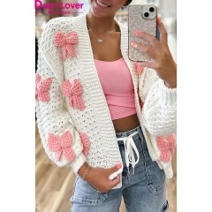 Customizable Handmade Chunky Knit Cardigan for Women with Pink Bow Accents | Wholesale & Bulk Orders | Premium Knitwear