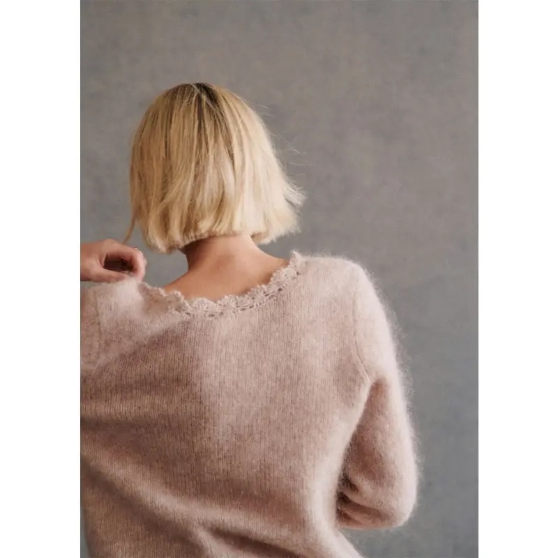 Customizable Women’s Soft V-Neck Lace-Trimmed Knit Sweater | Factory Direct Knitwear | Wholesale for Retailers