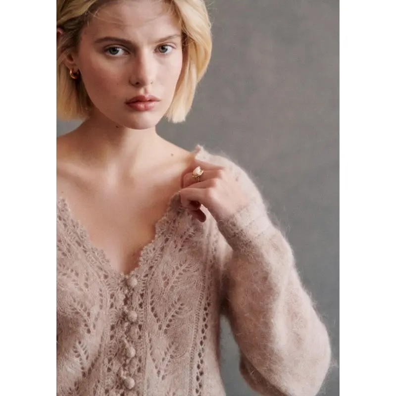 Customizable Women’s Soft V-Neck Lace-Trimmed Knit Sweater | Factory Direct Knitwear | Wholesale for Retailers