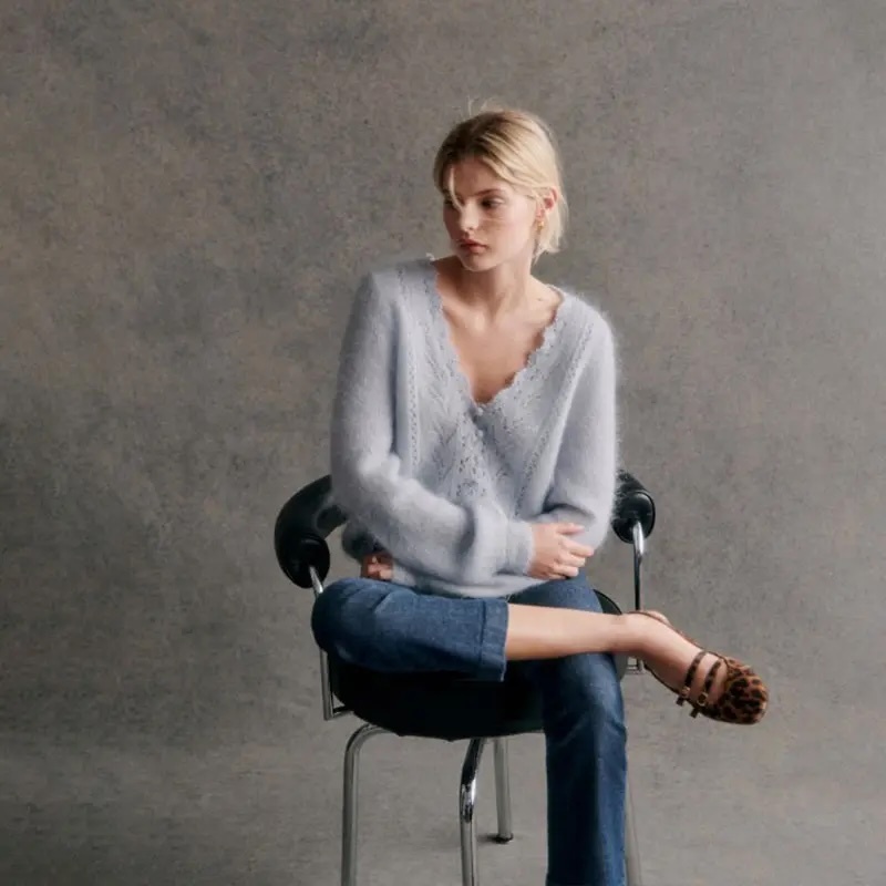 Customizable Women’s Soft V-Neck Lace-Trimmed Knit Sweater | Factory Direct Knitwear | Wholesale for Retailers