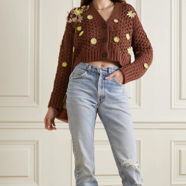 Customizable Women’s Cropped Floral Embroidered Open-Knit Cardigan | Wholesale Knitwear | Tailored Designs for Retailers