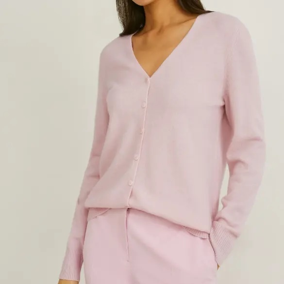 Custom Women’s Soft Pink V-Neck Button-Up Cardigan | Made-to-Order Knitwear | Bulk Wholesale for Retailers