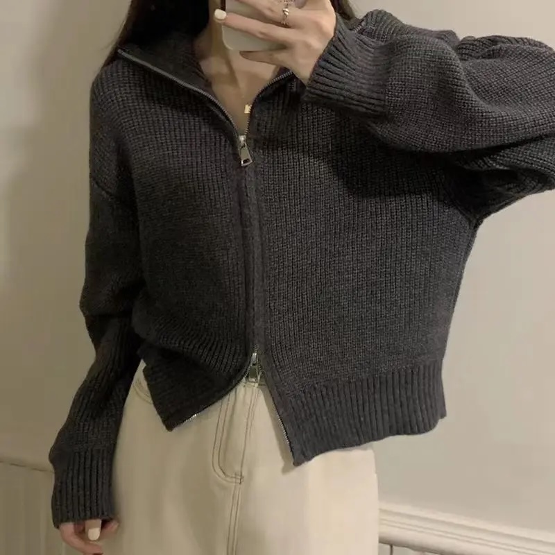 Customizable Women's Zipper-Front High-Collar Knitted Cardigan | Wholesale Knitwear | Bulk Orders for Retailers