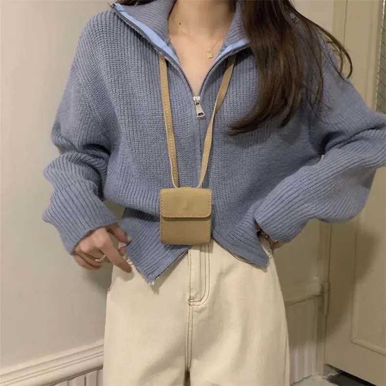 Customizable Women's Zipper-Front High-Collar Knitted Cardigan | Wholesale Knitwear | Bulk Orders for Retailers