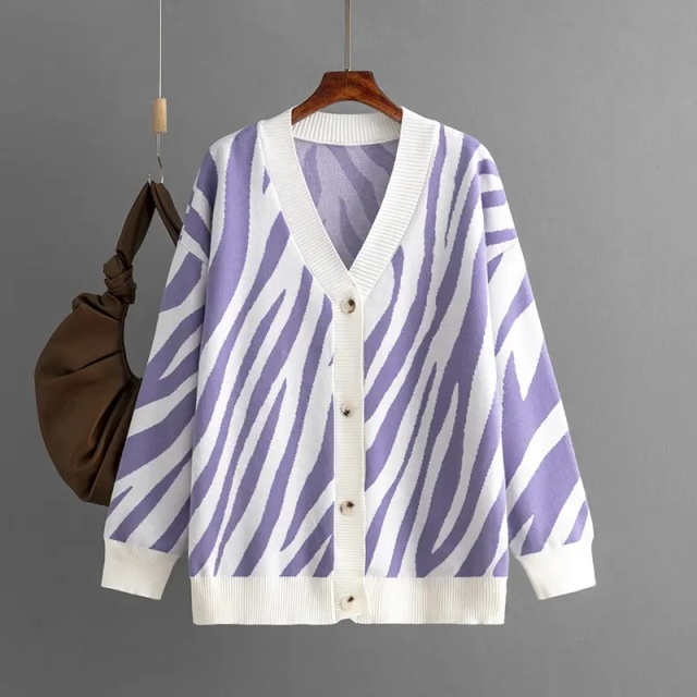 Custom Wholesale Women’s Zebra-Patterned V-Neck Button-Up Cardigans | Knitwear | Bulk Orders for Fashion Retailers