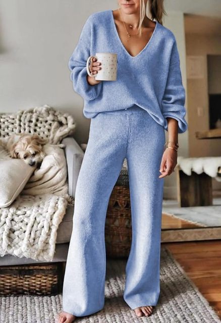 Effortless Chic and Comfort – Customizable Blue Knit Sweater and Pants Set for Wholesale
