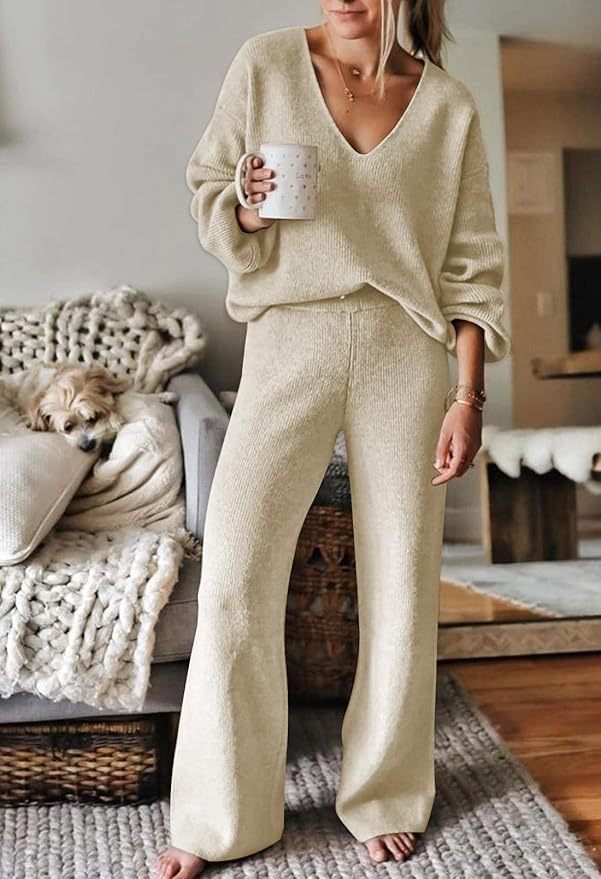 Effortless Chic and Comfort – Customizable Blue Knit Sweater and Pants Set for Wholesale