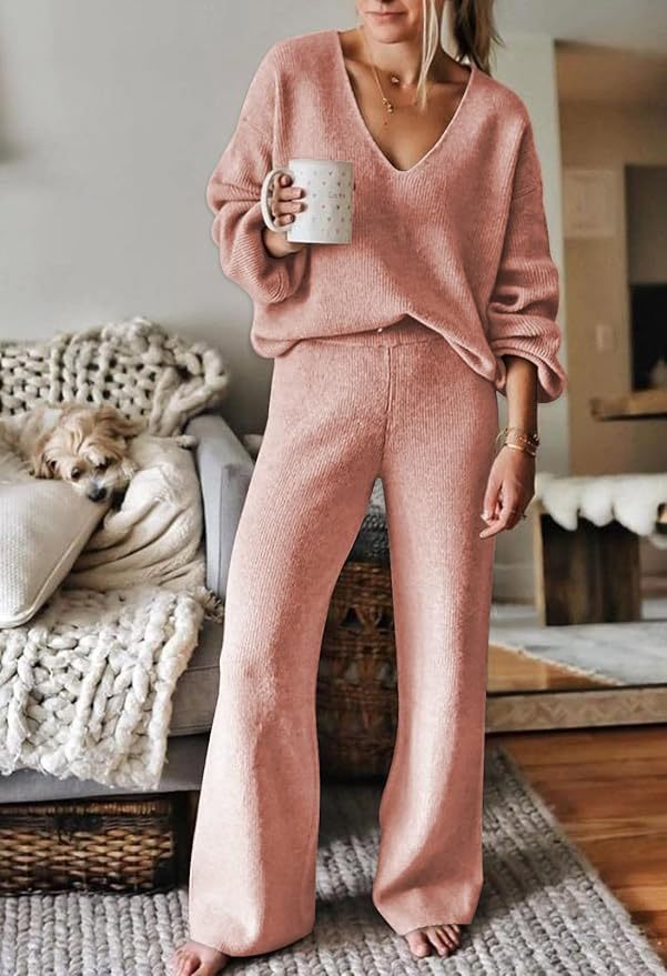 Effortless Chic and Comfort – Customizable Blue Knit Sweater and Pants Set for Wholesale