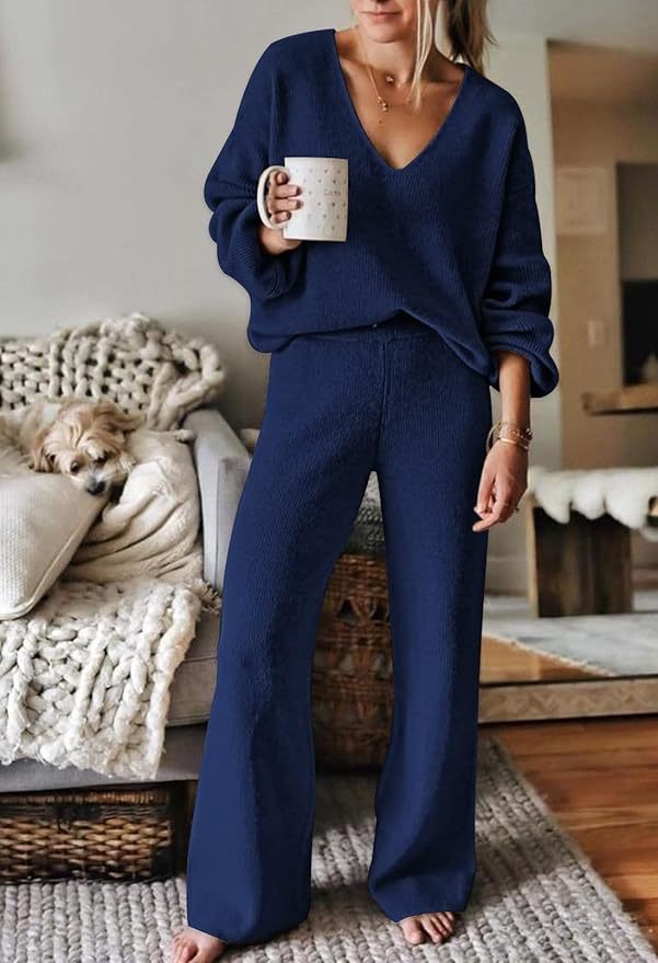 Effortless Chic and Comfort – Customizable Blue Knit Sweater and Pants Set for Wholesale