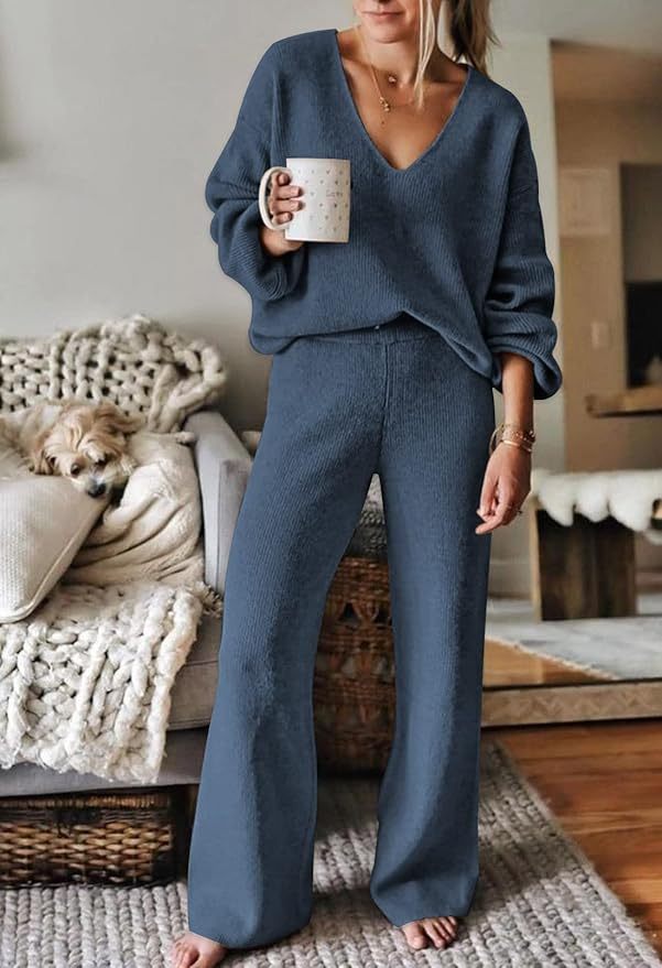 Effortless Chic and Comfort – Customizable Blue Knit Sweater and Pants Set for Wholesale