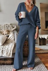 Effortless Chic and Comfort – Customizable Blue Knit Sweater and Pants Set for Wholesale