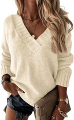 OEM Customizable Cozy Cream V-Neck Sweater - Effortless Chic for Retailers and Manufacturers