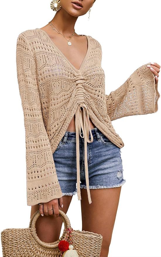 OEM Customizable Chic Beige Crochet Drawstring Top - Effortless Summer Style for Retailers and Manufacturers