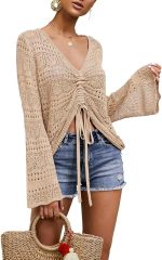 OEM Customizable Chic Beige Crochet Drawstring Top - Effortless Summer Style for Retailers and Manufacturers