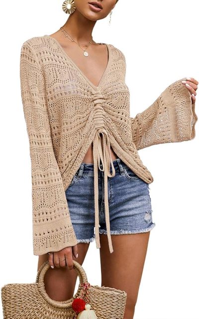 OEM Customizable Chic Beige Crochet Drawstring Top - Effortless Summer Style for Retailers and Manufacturers