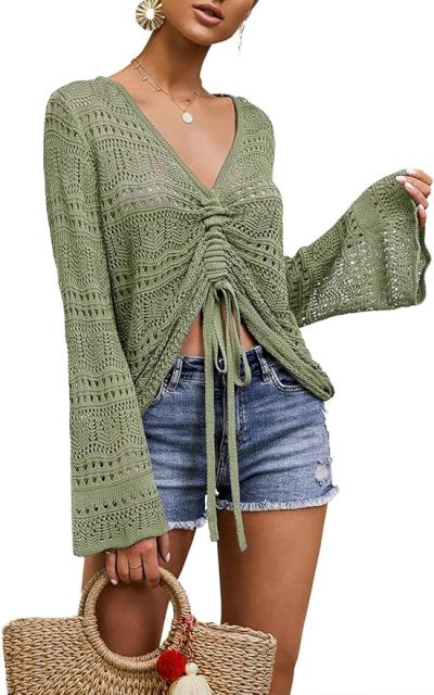 OEM Customizable Chic Beige Crochet Drawstring Top - Effortless Summer Style for Retailers and Manufacturers