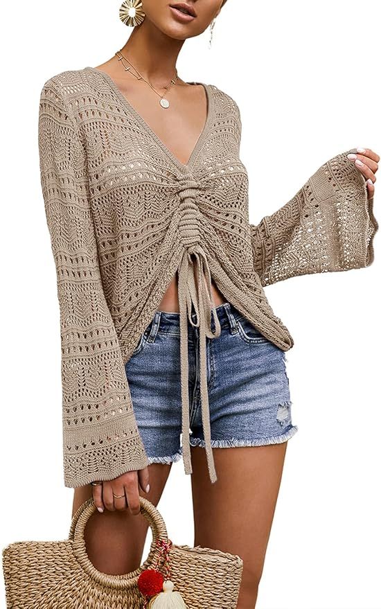 OEM Customizable Chic Beige Crochet Drawstring Top - Effortless Summer Style for Retailers and Manufacturers