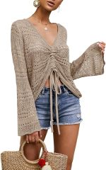 OEM Customizable Chic Beige Crochet Drawstring Top - Effortless Summer Style for Retailers and Manufacturers