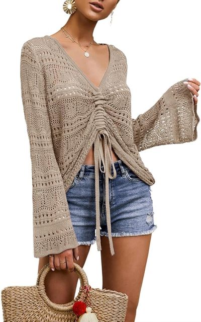 OEM Customizable Chic Beige Crochet Drawstring Top - Effortless Summer Style for Retailers and Manufacturers