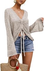 OEM Customizable Chic Beige Crochet Drawstring Top - Effortless Summer Style for Retailers and Manufacturers