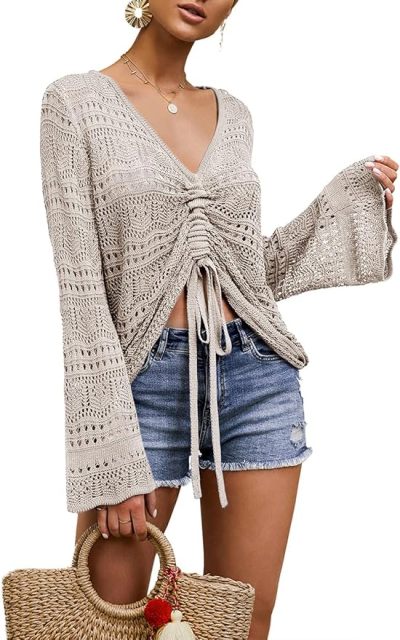 OEM Customizable Chic Beige Crochet Drawstring Top - Effortless Summer Style for Retailers and Manufacturers