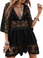 Wholesale OEM Boho Chic Black Lace Embroidered Dress - Customizable Elegant and Edgy Fashion for Retailers and Manufacturers