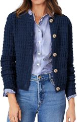 Custom Elegant Navy Blue Knit Cardigan with Wooden Buttons – Wholesale Knitwear for Retailers | Jubaodi