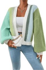 Custom Trendy Color-Block Knit Cardigan with Bell Sleeves – Wholesale Knitwear for Retailers | Jubaodi