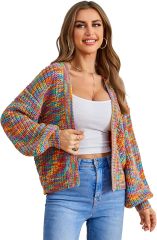 Custom Trendy Color-Block Knit Cardigan with Bell Sleeves – Wholesale Knitwear for Retailers | Jubaodi