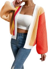 Custom Trendy Color-Block Knit Cardigan with Bell Sleeves – Wholesale Knitwear for Retailers | Jubaodi