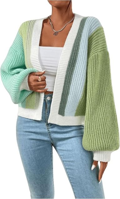 Custom Trendy Color-Block Knit Cardigan with Bell Sleeves – Wholesale Knitwear for Retailers | Jubaodi