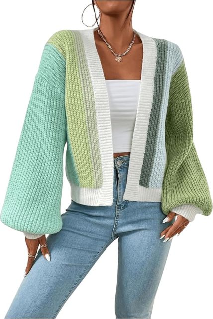 Custom Trendy Color-Block Knit Cardigan with Bell Sleeves – Wholesale Knitwear for Retailers | Jubaodi