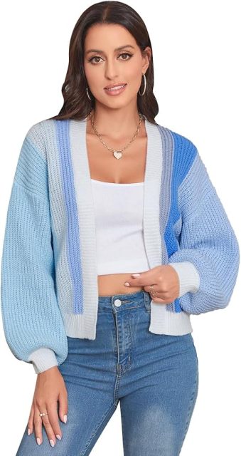 Custom Trendy Color-Block Knit Cardigan with Bell Sleeves – Wholesale Knitwear for Retailers | Jubaodi