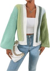 Custom Trendy Color-Block Knit Cardigan with Bell Sleeves – Wholesale Knitwear for Retailers | Jubaodi