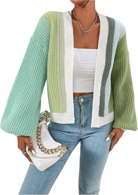 Custom Trendy Color-Block Knit Cardigan with Bell Sleeves – Wholesale Knitwear for Retailers | Jubaodi