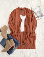 OEM Available Cozy Rust Knit Cardigan with Button Detail and Pockets – Customizable Wholesale Knitwear | Jubaodi