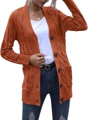 OEM Available Cozy Rust Knit Cardigan with Button Detail and Pockets – Customizable Wholesale Knitwear | Jubaodi