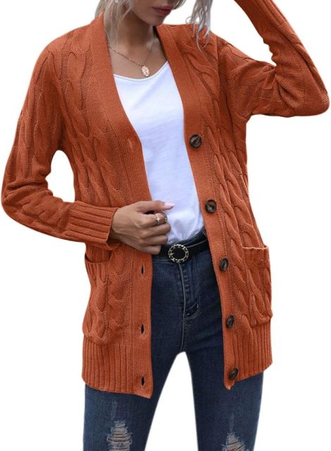 OEM Available Cozy Rust Knit Cardigan with Button Detail and Pockets – Customizable Wholesale Knitwear | Jubaodi