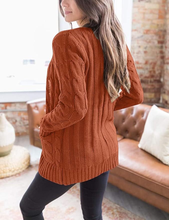 OEM Available Cozy Rust Knit Cardigan with Button Detail and Pockets – Customizable Wholesale Knitwear | Jubaodi