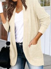 Factory Direct Cozy Beige Open-Front Cardigan with Pockets – Wholesale Knitwear for Retailers | Jubaodi