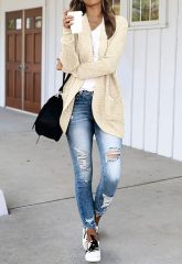 Factory Direct Cozy Beige Open-Front Cardigan with Pockets – Wholesale Knitwear for Retailers | Jubaodi