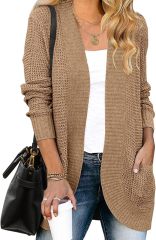 Factory Direct Cozy Beige Open-Front Cardigan with Pockets – Wholesale Knitwear for Retailers | Jubaodi