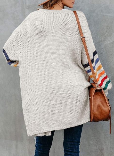 Customizable Tailor-Made Cozy Beige Cardigan with Colorful Striped Sleeves – Wholesale Knitwear for Retailers | Jubaodi