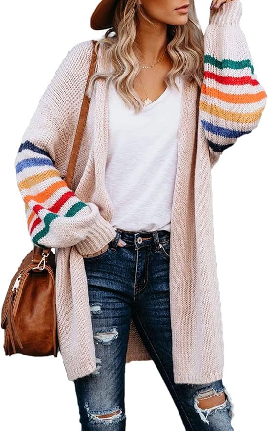 Customizable Tailor-Made Cozy Beige Cardigan with Colorful Striped Sleeves – Wholesale Knitwear for Retailers | Jubaodi