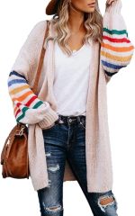 Customizable Tailor-Made Cozy Beige Cardigan with Colorful Striped Sleeves – Wholesale Knitwear for Retailers | Jubaodi