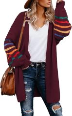 Customizable Tailor-Made Cozy Beige Cardigan with Colorful Striped Sleeves – Wholesale Knitwear for Retailers | Jubaodi