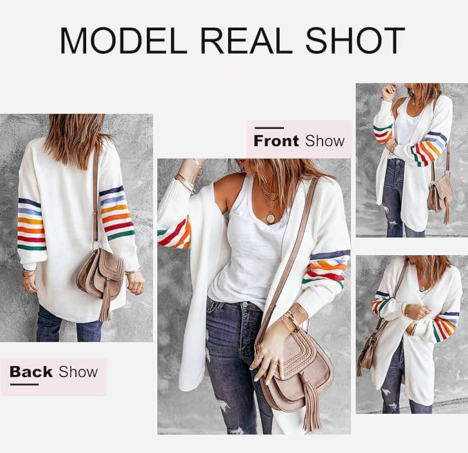 Customizable Tailor-Made Cozy Beige Cardigan with Colorful Striped Sleeves – Wholesale Knitwear for Retailers | Jubaodi