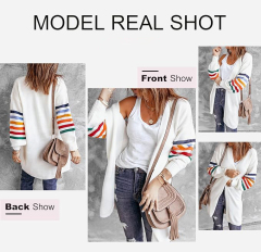 Customizable Tailor-Made Cozy Beige Cardigan with Colorful Striped Sleeves – Wholesale Knitwear for Retailers | Jubaodi
