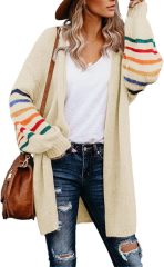 Customizable Tailor-Made Cozy Beige Cardigan with Colorful Striped Sleeves – Wholesale Knitwear for Retailers | Jubaodi