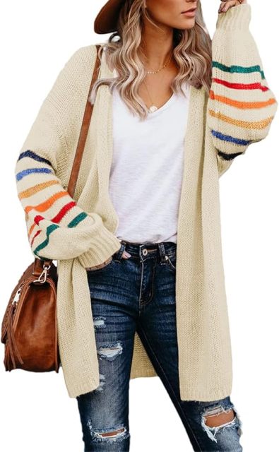 Customizable Tailor-Made Cozy Beige Cardigan with Colorful Striped Sleeves – Wholesale Knitwear for Retailers | Jubaodi
